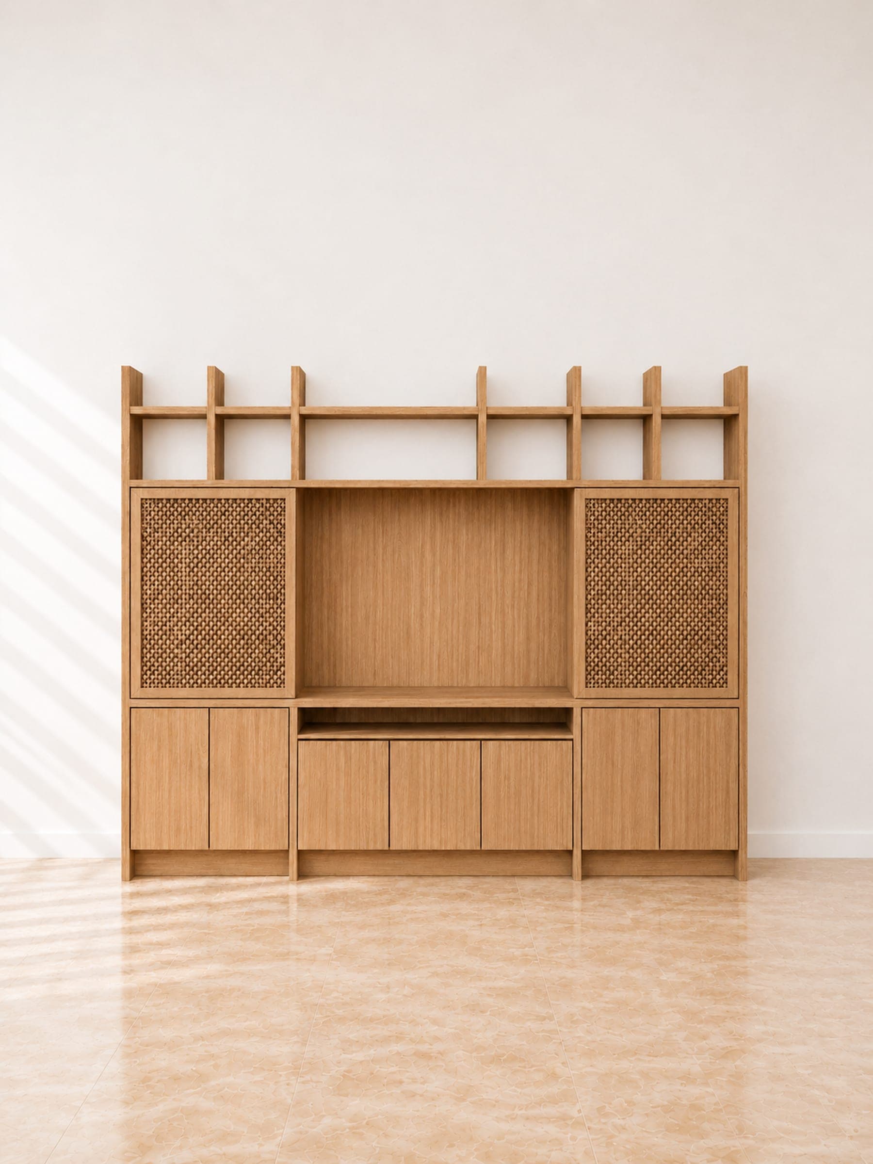 Biblioteca Páramo Natural from Línea Regidor, front view in a styled room